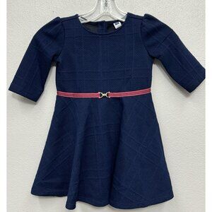 Janie and Jack Quilted Dress Girls Size 3 Navy Blue Belted Jaquard Soft Stretch